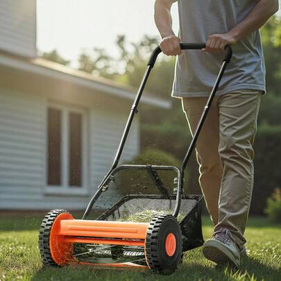 Push Reel Lawn Mower 16 Inch, 5 Blades Manual Push Mower No Motor, 0.6-1.75 In Adjustable Cutting Height, Walk-Behind Lawn Mowers With Grass Catcher Bag For Green Lawns, Driveways, Courtyards