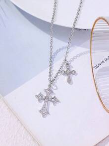 1pc Exquisite Cross Pendant Necklace Inlaid With Rhinestone - Silver - View 9