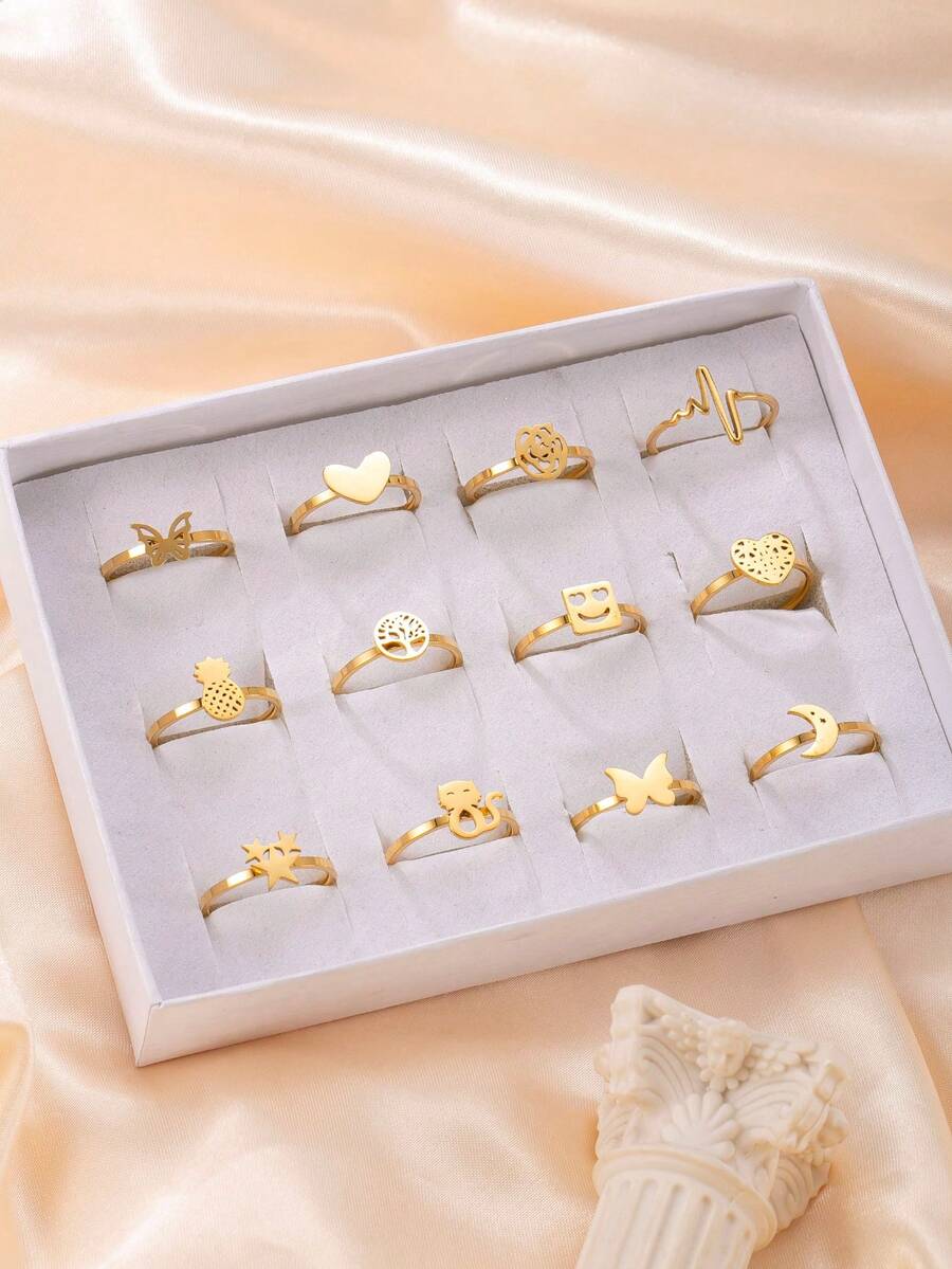 3/6/12pcs Fashionable Cute Butterfly, Heart, Flower Multi-Element Ring Set, Suitable For Teenagers Boys And Girls Daily Wear (Random Style, Random Size, No Gift Box)