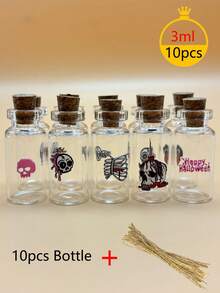 10/20pcs Mini Halloween Decoration Glass Wishing Bottles With Skull, Bat, Cork Stopper, DIY Craft, Wedding Gift, Wish Bottle, Halloween Party Favor, Random Assorted