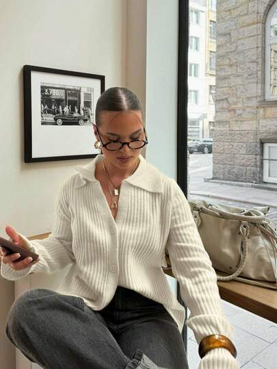 Senya Cardigan de malha feminino, outono e inverno, novo, amarelo leitoso, com lapela frontal e botões, manga comprida, blusa solta casual com listras verticais, jaqueta de malha para encontros diários