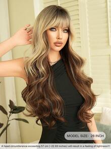 7JHH WIGS Stylish Blonde Balayage Wigs Extra Long Wavy Wig With Bangs Dark Roots, High Density Heat-Resistant Fiber Hair, Fluffy Natural Synthetic Wigs For Women Daily Party Use 28 Inch Beginners Glueless Wig Accessories - 漸變金色 - 查看 3
