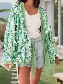 Women's Sequin Cardigan V Neck Front Wrap Tie Long Sleeve Beachwear Sparkling Tops - màu xanh lá - Xem 2