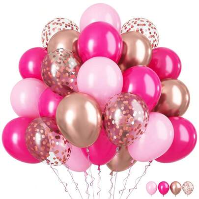 60pcs Pink Ombre Balloons, Rose Gold Metallic Ribbon Balloons, Helium Rose Red Latex Balloons, Suitable For Birthday Party, Baby Shower, Wedding, Bachelorette Party, Bridal Shower Decoration
