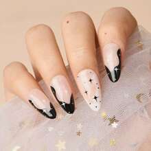 Black Press On Nails Medium Almond, Emo Crush Jelly Gel Gothic Stiletto False Glue On Nails Kit With Moon Star Desgin For Women, Reusable Short Oval Stick On Acrylic Fake Nail Manicure Set,17114301 - 彩色 - 查看 5
