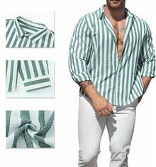 Men's Striped Long-Sleeved Shirt With Color Block Stitching, Suitable For Spring And Autumn Seasons, For Daily Leisure In The Beach, Outdoors And Other Scenes, Is A Comfortable And Casual Gift Choice - 查看 5