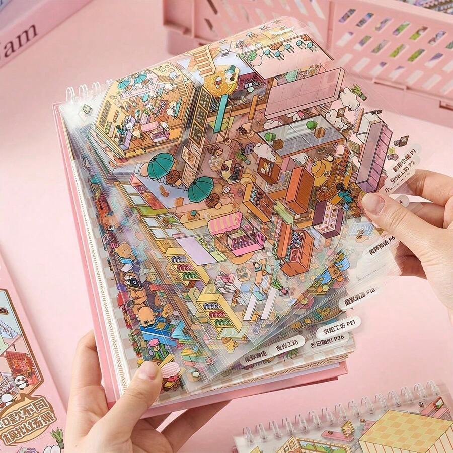 3pcs( Sticker Scene*1+Tweezers*2)/1Pc DIY 3D Sticker Scene Collection Book For Adults Cute Make Your Own Shop House Stickers For Gifts Stickers Therapy For Adult Relief Stress Pass The Time Play Park Hamburg Castle Library - Multicolor - View 1
