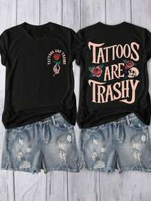 Camiseta de manga corta con cuello redondo y gráfico de calavera y rosa para mujeres, top versátil y de moda casual diario - Negro - Ver 1