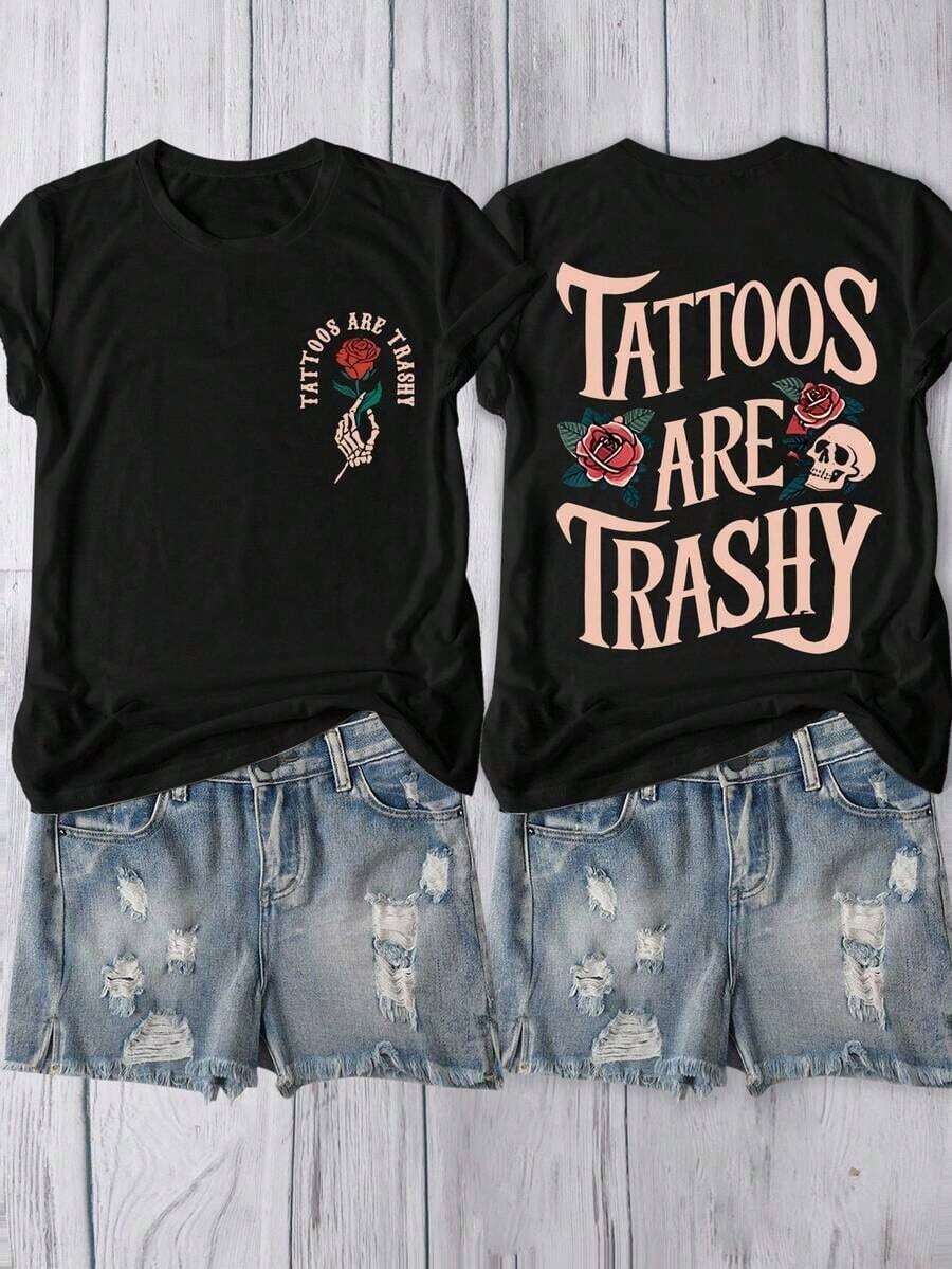 Camiseta de manga corta con cuello redondo y gráfico de calavera y rosa para mujeres, top versátil y de moda casual diario - Negro - Ver 1