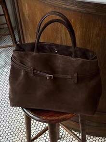 复古时尚大容量仿麂皮手提包，欧美复古麂皮绒面手提包，通勤、休闲、日常、旅行皆宜 - 咖啡棕 - 查看 6