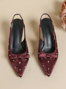 Zapatillas de satén con lazo y punta cerrada para mujer, zapatos de tacón alto con rhinestones y punta puntiaguda, elegantes bailarinas - Burdeos - Ver 6
