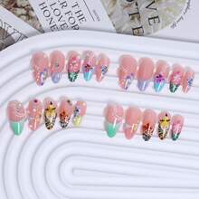 Colorful Flowers Press On Nails Medium Length Almond French Fake Nails 3D Cute Lily Floral False Nails With Rhinestone Beads Charms Design Nails Tiger Stripes French Tip Acrylic Nails For Women 24Pcs,17114403 - 黃色 - 查看 5