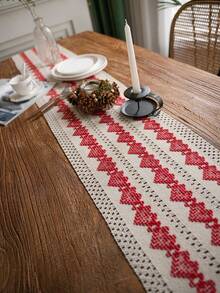 1pc New European And American Style Multiple Red Heart Holiday Party Valentine's Day Geometric Tassel Table Runner, Dining Table Runner, Home Decor, Photoshoot Background Cloth, Multi-Color European And American Style Table Runner - Red - View 4