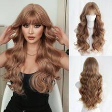 7JHH WIGS Stylish Rose Quartz Golden Wigs Extra Long Wavy Wig With Bangs, High Density Heat-Resistant Fiber Hair, Fluffy Natural Synthetic Wigs For Women Daily Party Use 28 Inch Beginners Glueless Wig Accessories - 粉色 - 查看 10
