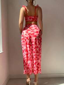 3pcs Set: Luxury Mature Charm Ruffle Strap Sexy Sheer Blouse + Front Ribbon Bow Side High Slit Skirt + Thong