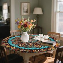 1/36 piezas Mantel redondo de 48 in/54 in con estampado digital de patrón retro y contraste bohemio, mantel elástico para protección, resistente a arañazos, adecuado para uso diario, interior/exterior, decoración del hogar, idea de regalo, camping, viaje
