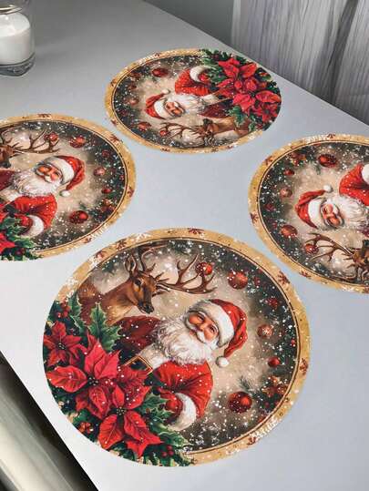 Set Of 4pcs Christmas Linen Round Placemats Santa Reindeer Poinsettias Pattern Pattern Holiday Table Mats Xmas Dinner Coasters Rustic Farmhouse Style Christmas Linen Table Setting Accessories Xmas Dinner Party Place Settings New Year Decorations, Rustic Christmas Decorations For Home 2025