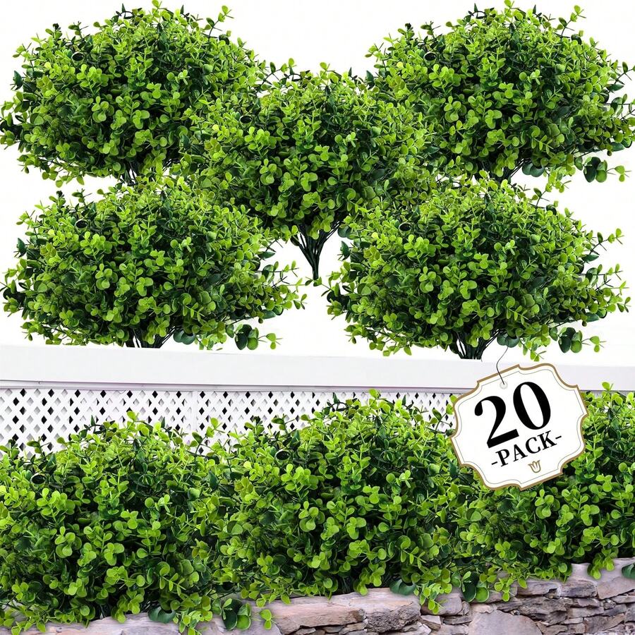 Artificial Greenery Plants Outdoor UV Resistant Fake Plants Boxwood Shrubs Grass,20 Bundles For Farmhouse Home Garden Office Patio Backyard Wedding And Indoor Outdoor - 綠色 - 查看 1