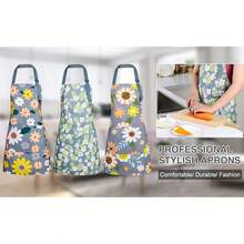 BOUMUSOE 3 Pack Floral Aprons With Pocket, Blooming Womens Aprons Waterproof Adjustable Cooking Aprons For Kitchen Gardening And Salon