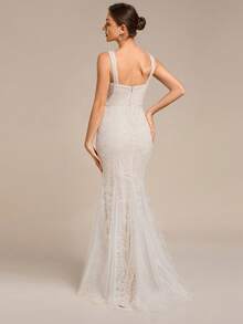 Vestido de novia de sirena de encaje con bordado vintage romántico sin mangas para bodas de jardín y césped en otoño - Blanco - Ver 3