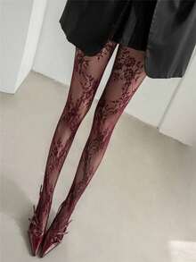 1 Pair Women's High-End French Retro Lace Rose Patterned Pantyhose, High Elasticity Skinny Tights, Sheer Hollow-Out Design For Slimming - 彩色 - 查看 5