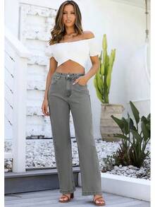 Jeans High Waisted Straight Leg Loose Jeanshalloween - Abu-abu - View 4