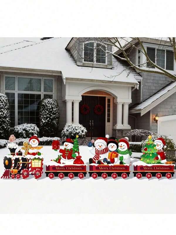 1pc Christmas Train & Snowman Yard Stake, Acrylic Holiday Decor With Snowman Character, No Feathers, No Lights, Christmas Holiday Display