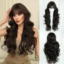 7JHH WIGS Stylish Noir Dark Brown Wigs Extra Long Wavy Wig With Bangs, High Density Heat-Resistant Fiber Hair, Fluffy Natural Synthetic Wigs For Women Daily Party Use 28 Inch Beginners Glueless Wig Accessories - 深棕色 - 查看 10