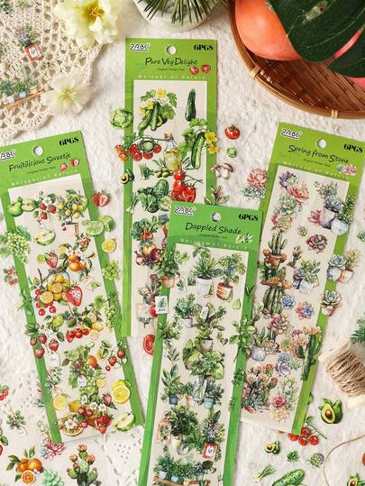 6pcs PET Fruit & Vegetable Style Fun Creative Scrapbooking Stickers, Natural Time Series, Suitable For Gifts, Office, Home, Marking, Labels, Classrooms, Entertainment Toys, Student Journals, Vintage Decorative DIY Stickers