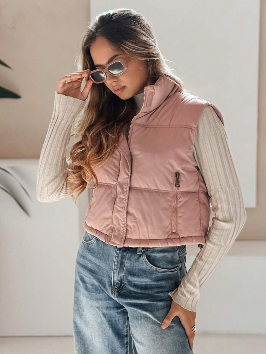 Women's Quilted Thermal Vest, Sleeveless, Transitional, Zipper, Stand-Up Collar, Fashionable And Casual Vest With Practical Zipper Pockets, Lightweight And Comfortable Women's Vest, Perfect For Everyday Styling In Spring And Autumn. - Pink - View 1