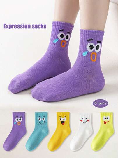 5 أزواج جوارب طاقم مطبوعة بعيون كبيرة جميلة للبنات (من 3 إلى 12 سنة)، جوارب مريحة مصنوعة من الأقمشة المحبوكة تصل إلى منتصف الساق، مناسبة للبنات والطالبات والأميرات والارتداء اليومي في جميع الفصول