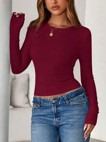 Women Spring And Fall Long Sleeve Shirts Ribbed Crewneck Fitted Basic Tee Going Out Tops Casual Workout Vacation Outfits - 酒紅色 - 查看 3