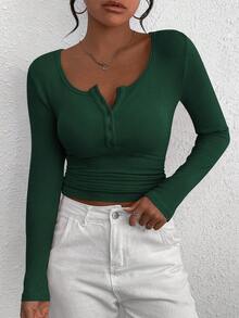 Women's Autumn Long-Sleeved Henry Shirt T-Shirt Button Ribbed Knit Fashion Tight Basic Top Shirt - Màu xanh lá cây đậm - Xem 4