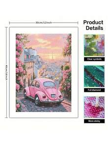 5D DIY 法国城市风景粉色汽车满钻圆形钻石画套装马赛克肖像艺术满钻刺绣工艺品，客厅装饰，无框 - 彩色 - 查看 2