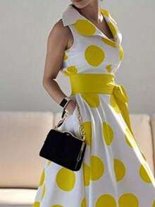2025 Summer Fall Women's Casual Polka Dots Elegant Birthday Dress Daily A-Line Flare Shirt Dress For Women Party Evening Prom Dresses - 黃色 - 查看 2