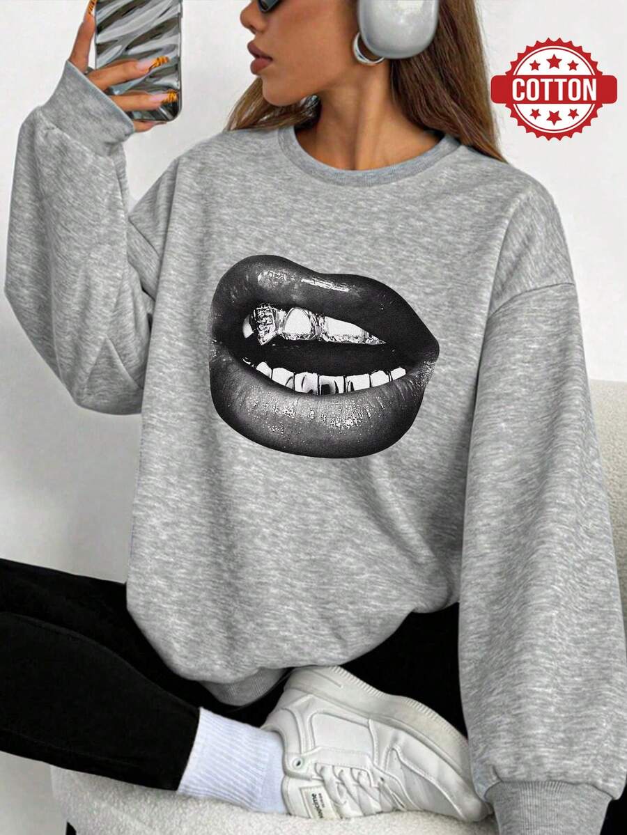 印花大嘴唇图案女士宽松纯色圆领卫衣，棉质休闲上衣，适合秋季度假、户外运动、秋冬日常穿着，长袖套头衫，情侣款，适合情侣装/办公室/居家/街头穿着，灰色衬衫 - 花灰 - 查看 1