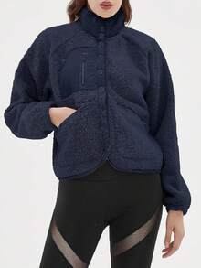 Women's Pellet Fleece Short Winter Cotton Jacket Buttoned Hoodless Coat Jacket - Navy Blue - View 3