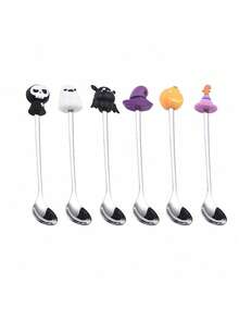 1pc/6pcs Stainless Steel Spoons, Halloween Coffee Stirring Spoons, Dessert Spoons, Cutlery Set