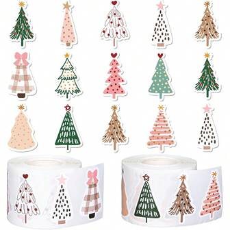 500pcs/Roll Christmas Boho Stickers - Pastel Christmas Tree Decals With Pine Trees, Polka Dots, Floral Bows - Self-Adhesive (No Cutter Needed) For Holiday Decorations, Gifts, Cards, Parties - One-Time Use - Ideal For Home, Office, Or Classroom Decor, Festive Crafts, Whimsical Designs, Easy Peel, Decorative Labels, Gift Wrappers