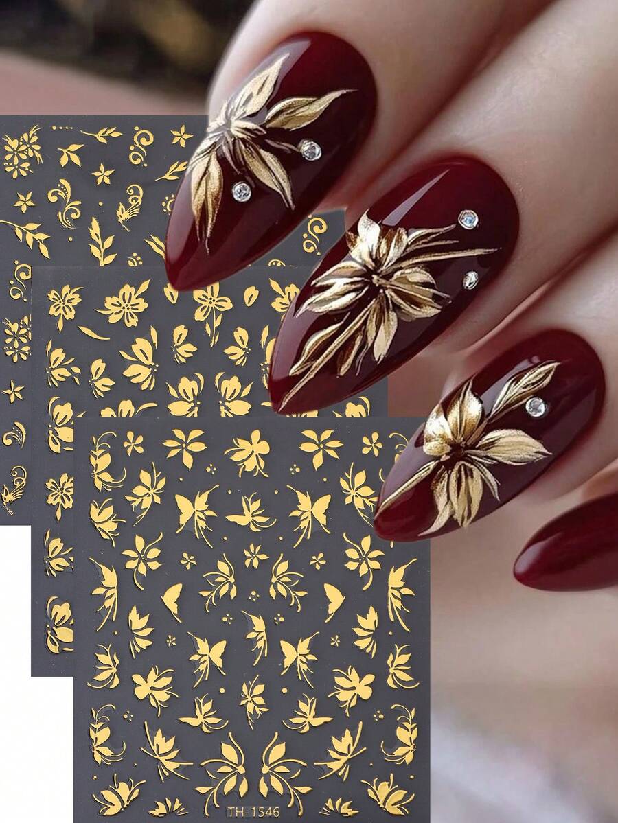 Pegatinas de uñas con estampado de hojas y flores de otoño, con impresión de lámina dorada metálica, pétalos florales, decoraciones de uñas de Acción de Gracias, suministros de manualidades para uñas autoadhesivas