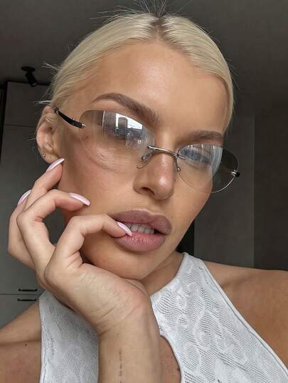 1 Pc Women's Gradient Silver Rimless Metal Leg Edged Fashion Eyeglasses, Suitable For Everyday Wear For Summer Beach Vacation,Outdoor,Travel