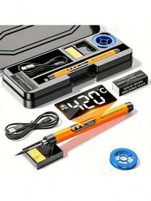مُلحم رقمي USB مع شاشة LCD، زر ضبط درجة الحرارة، سلك ملحم، حامل ملحم، ماصّ قصدير، روزين، صندوق تخزين