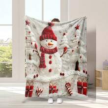 [Cozy Blanket] Soft & Warm Cozy Snowman & Tree Pattern Flannel Blanket| Anti-Ball Design, Sofa, Bed, Office Or Travel, Festive Holiday Decor, Decorations 280gsm Room Decor Home Essentials Decor Bedroom