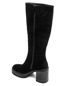 Suede Material, Chunky Heel, Notched Sole - Black - View 4
