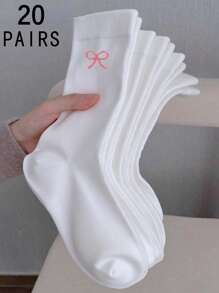 1/3/5/10/15/20双装 女士纯色甜美粉色蝴蝶结舒适简约产后袜，吸湿排汗中筒袜