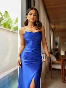 Strapless Dress For Parties, Formal Events, Dinner, Cocktail, Wedding Guest - Royal Blue - View 3