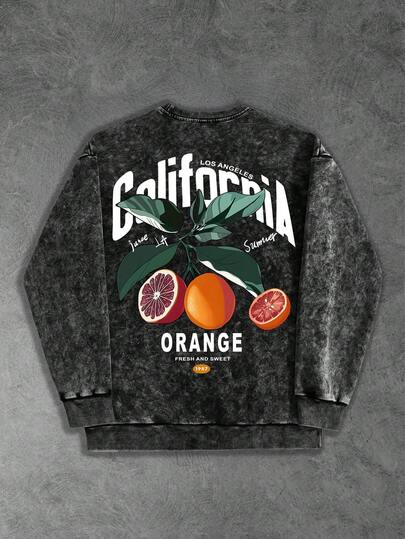 Svart herrtröja i tvättad höststil, med grafiskt tryck med Los Angeles-citrusfrukter, lämplig för vardagsbruk och som present till pojkvän