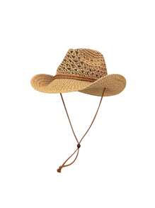 1 件纯色休闲波西米亚纸镂空草帽，西部牛仔帽，百搭时尚简约设计，防风系带，男女通用，适合所有季节