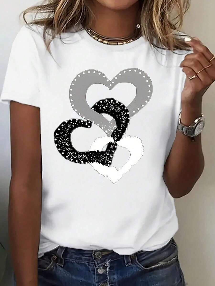 Stylish Regular Size Women'S Round Neck Short Sleeve T - Shirt With Breathable Fabric And Interlocked Heart Creative Pattern For Casual Wear - White - View 1