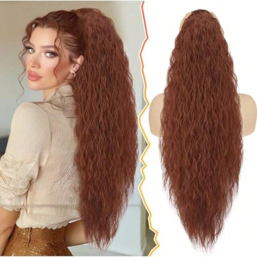 30 Inch Auburn Long Curly Drawstring Ponytail Extension Synthetic Comb Clip In Pony Tails Hairpieces For Women Voluminous Natural Looking Long Curly Auburn Ponytail Hair Extensions - Nâu đỏ trung bình - Xem 1